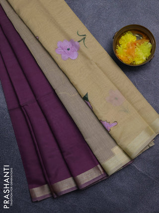 Linen cotton saree purple and sandal with plain body and hand painted pallu