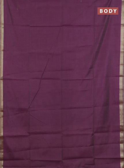 Linen cotton saree purple and sandal with plain body and hand painted pallu