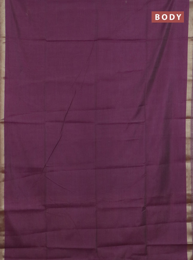 Linen cotton saree purple and sandal with plain body and hand painted pallu