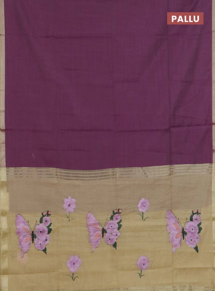 Linen cotton saree purple and sandal with plain body and hand painted pallu