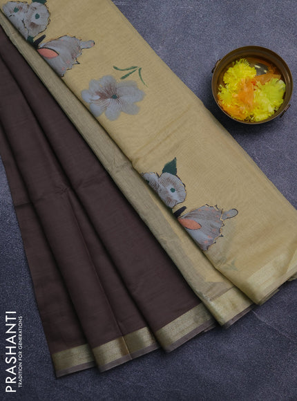 Linen cotton saree dark beige and sandal with plain body and hand painted pallu
