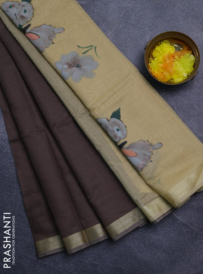 Linen cotton saree dark beige and sandal with plain body and hand painted pallu