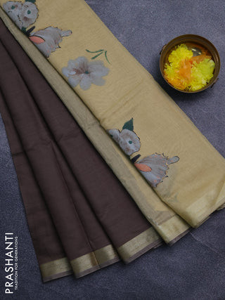 Linen cotton saree dark beige and sandal with plain body and hand painted pallu
