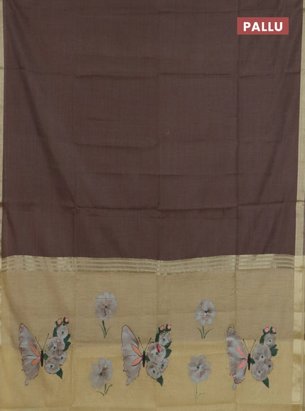 Linen cotton saree dark beige and sandal with plain body and hand painted pallu