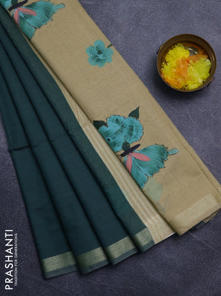 Linen cotton saree green and sandal with plain body and hand painted pallu