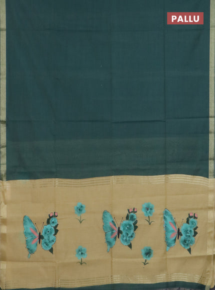 Linen cotton saree green and sandal with plain body and hand painted pallu