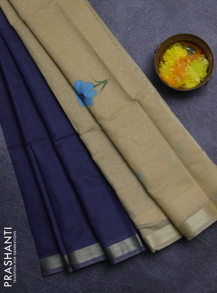 Linen cotton saree navy blue and sandal with plain body and hand painted pallu