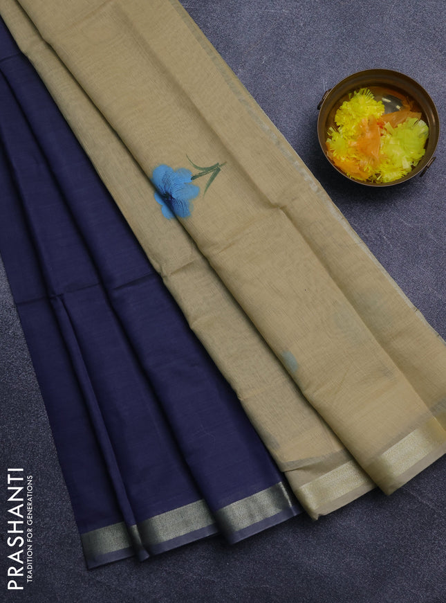 Linen cotton saree navy blue and sandal with plain body and hand painted pallu