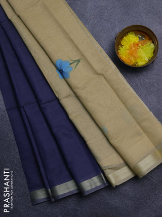 Linen cotton saree navy blue and sandal with plain body and hand painted pallu
