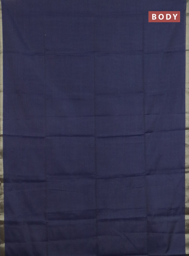 Linen cotton saree navy blue and sandal with plain body and hand painted pallu