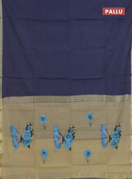 Linen cotton saree navy blue and sandal with plain body and hand painted pallu