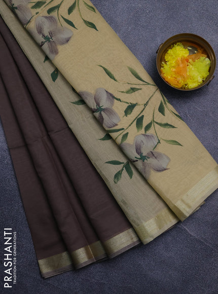 Linen cotton saree sandal and brown with plain body and hand painted pallu