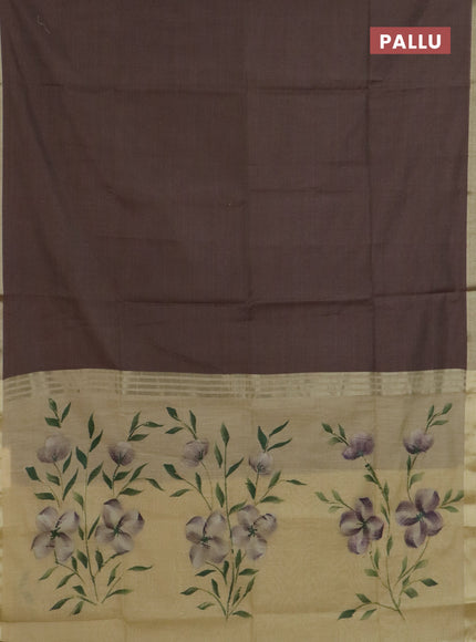 Linen cotton saree sandal and brown with plain body and hand painted pallu