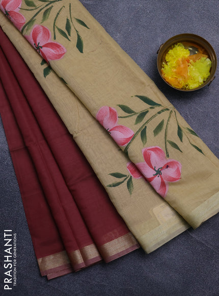 Linen cotton saree sandal and red with plain body and hand painted pallu