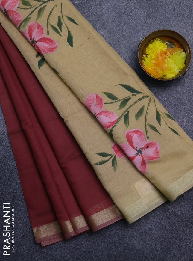 Linen cotton saree sandal and red with plain body and hand painted pallu