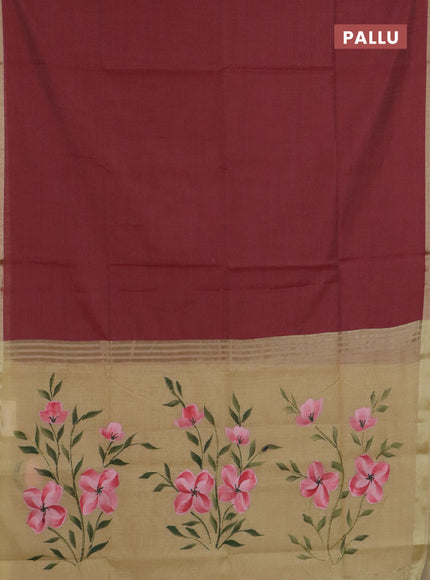 Linen cotton saree sandal and red with plain body and hand painted pallu