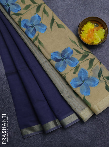 Linen cotton saree sandal and navy blue with plain body and hand painted pallu
