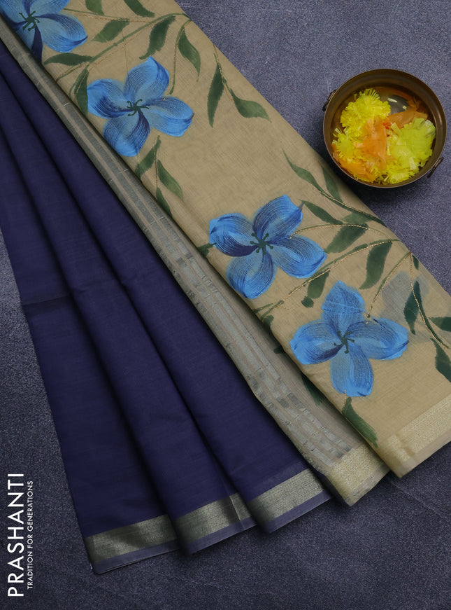 Linen cotton saree sandal and navy blue with plain body and hand painted pallu