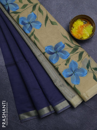 Linen cotton saree sandal and navy blue with plain body and hand painted pallu