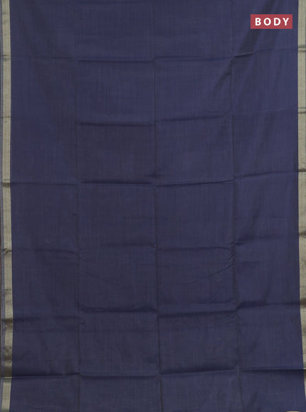 Linen cotton saree sandal and navy blue with plain body and hand painted pallu