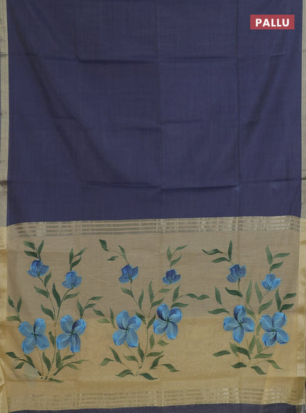 Linen cotton saree sandal and navy blue with plain body and hand painted pallu