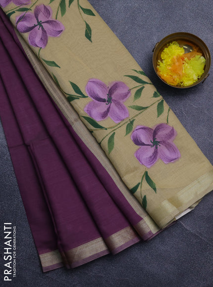 Linen cotton saree sandal and purple with plain body and hand painted pallu