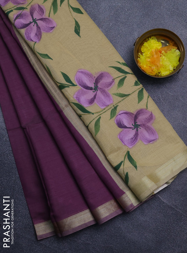 Linen cotton saree sandal and purple with plain body and hand painted pallu
