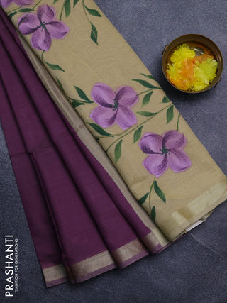 Linen cotton saree sandal and purple with plain body and hand painted pallu