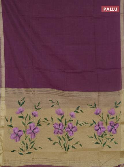 Linen cotton saree sandal and purple with plain body and hand painted pallu