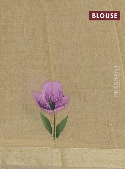 Linen cotton saree sandal and purple with plain body and hand painted pallu