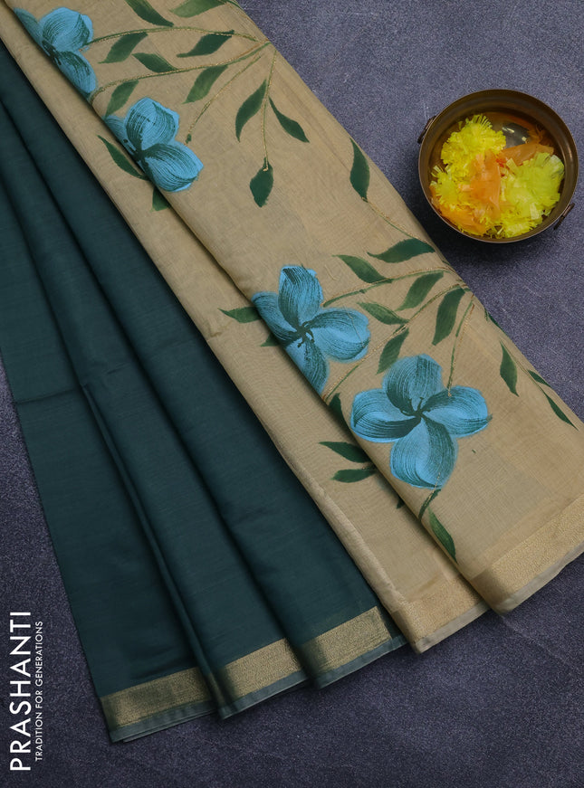 Linen cotton saree sandal and green with plain body and hand painted pallu