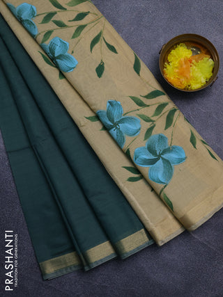 Linen cotton saree sandal and green with plain body and hand painted pallu