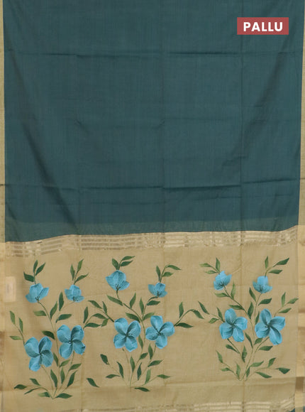 Linen cotton saree sandal and green with plain body and hand painted pallu