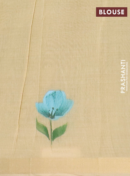 Linen cotton saree sandal and green with plain body and hand painted pallu