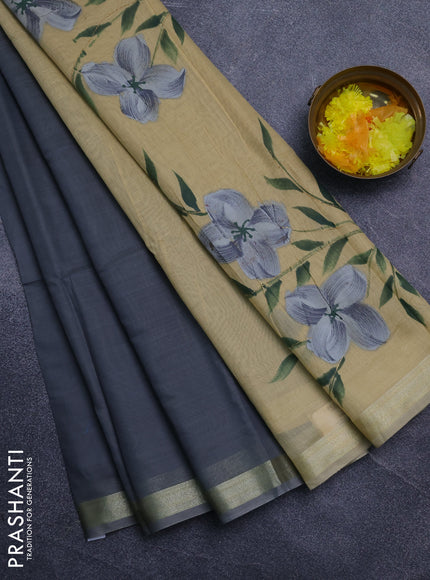 Linen cotton saree sandal and grey with plain body and hand painted pallu