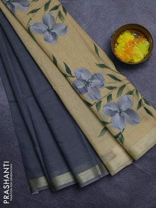 Linen cotton saree sandal and grey with plain body and hand painted pallu