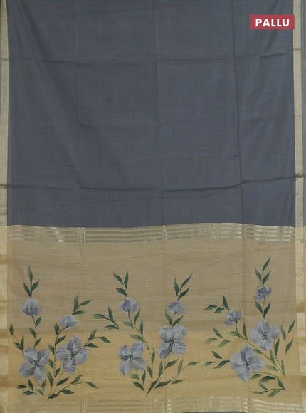 Linen cotton saree sandal and grey with plain body and hand painted pallu