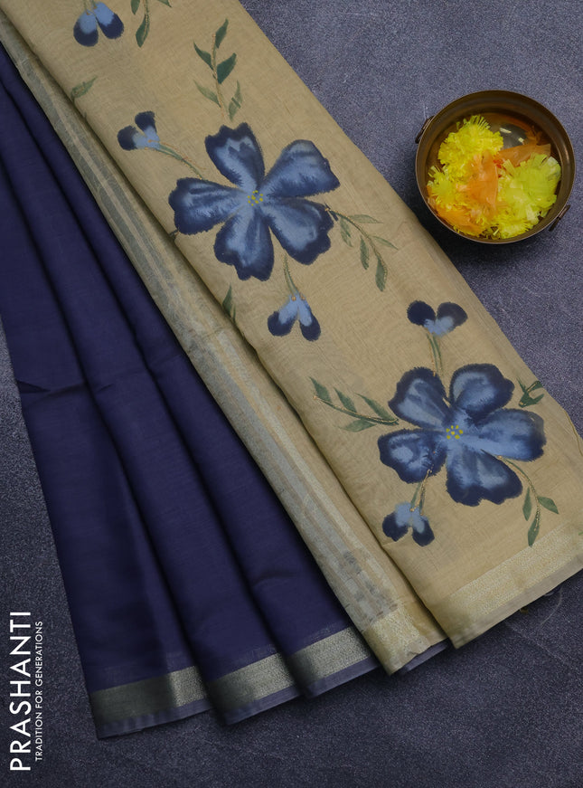 Linen cotton saree navy blue and sandal with plain body and hand painted pallu