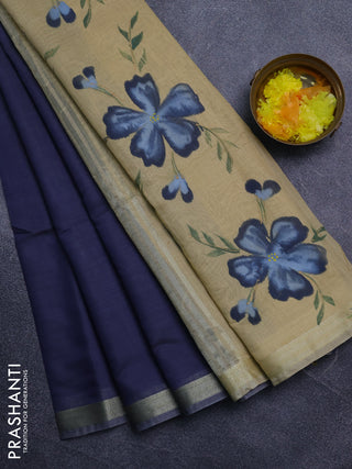 Linen cotton saree navy blue and sandal with plain body and hand painted pallu