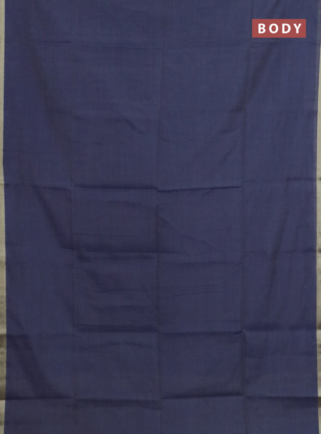 Linen cotton saree navy blue and sandal with plain body and hand painted pallu