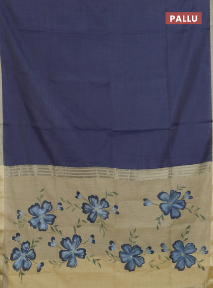 Linen cotton saree navy blue and sandal with plain body and hand painted pallu