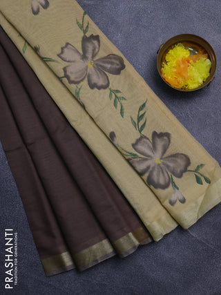 Linen cotton saree dark beige and sandal with plain body and hand painted pallu