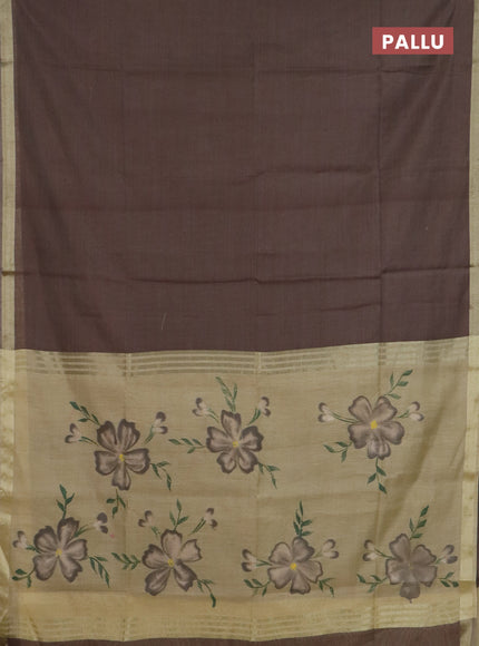 Linen cotton saree dark beige and sandal with plain body and hand painted pallu