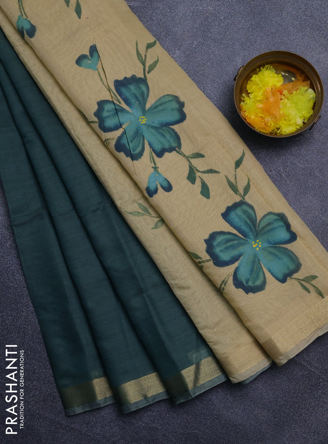Linen cotton saree green and sandal with plain body and hand painted pallu