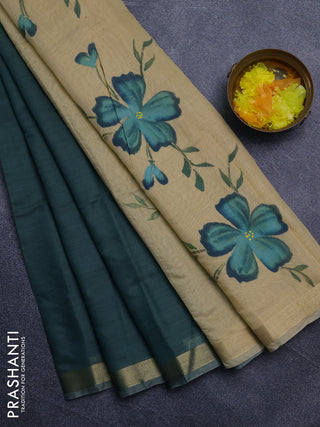 Linen cotton saree green and sandal with plain body and hand painted pallu