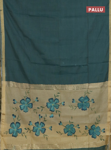 Linen cotton saree green and sandal with plain body and hand painted pallu