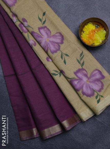 Linen cotton saree purple and sandal with plain body and hand painted pallu