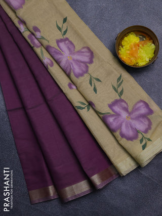 Linen cotton saree purple and sandal with plain body and hand painted pallu