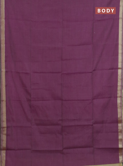 Linen cotton saree purple and sandal with plain body and hand painted pallu