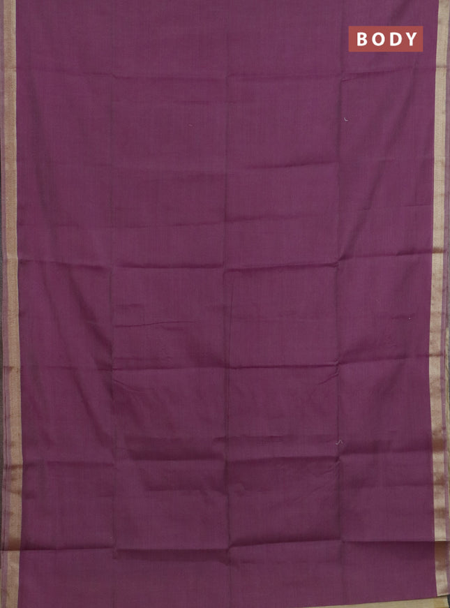 Linen cotton saree purple and sandal with plain body and hand painted pallu